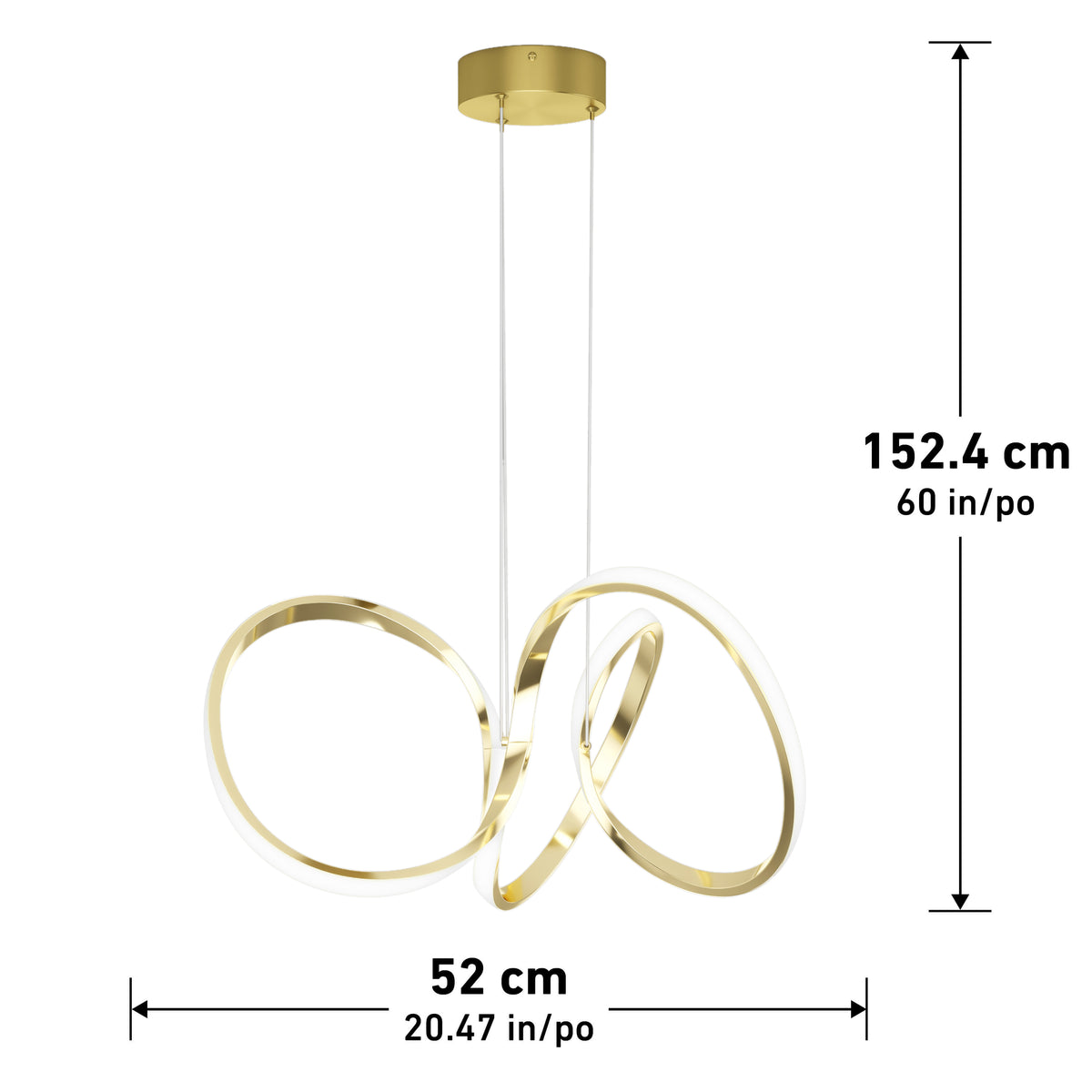 The Artika Swirl LED pendant light features three interlocking rings in a modern gold finish, suspended from a round mount. This energy-efficient fixture measures 152.4 cm high and 52 cm wide, perfect for contemporary spaces.
