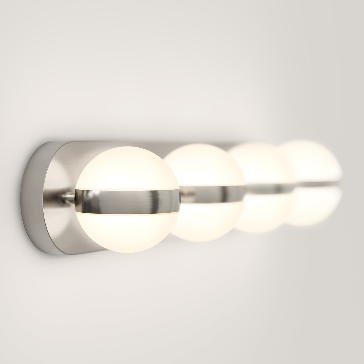 Artika Baldric LED modern bathroom vanity light features four frosted glass bulbs and a sleek base, ideal for mirror lighting.