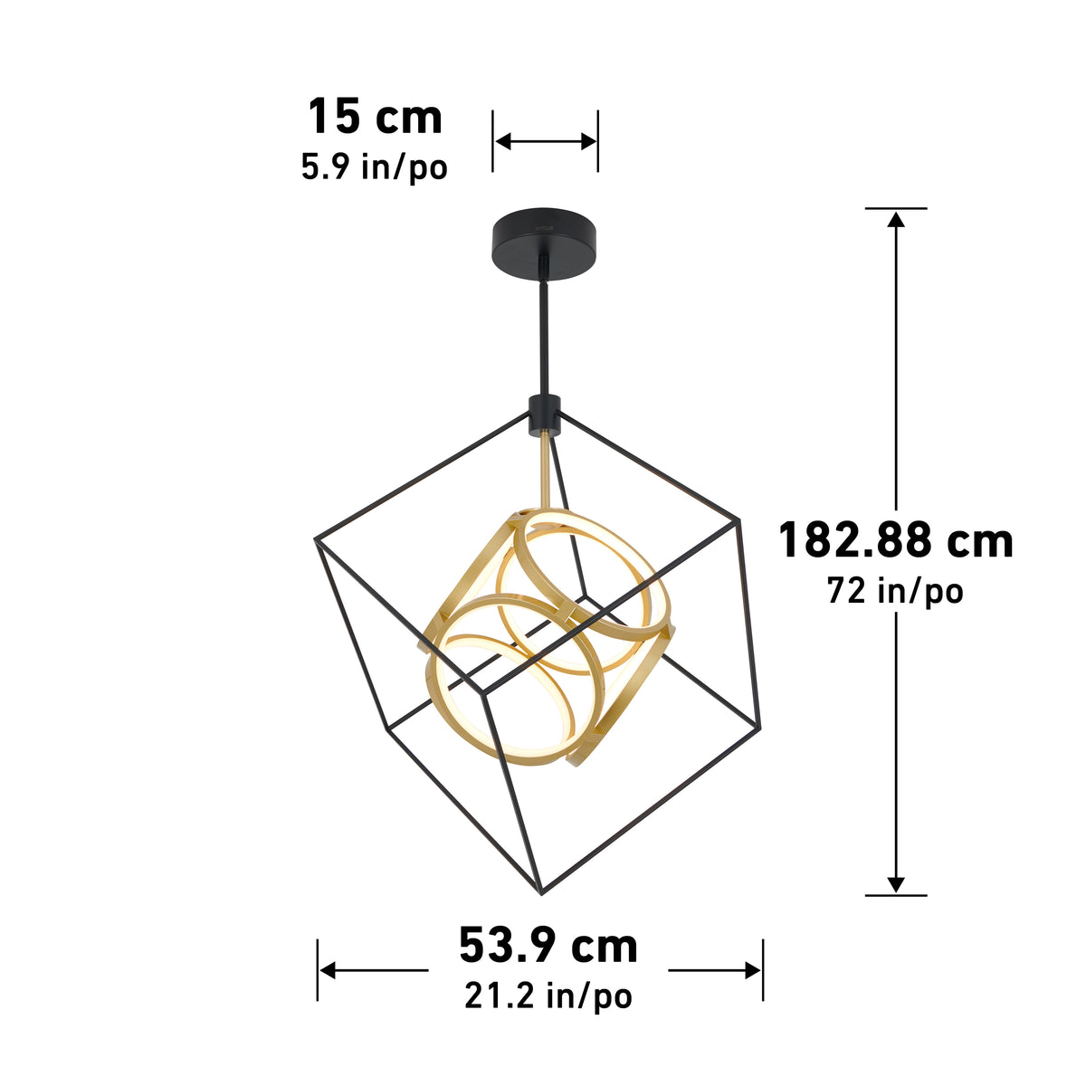 The Artika Oxion 1-light LED pendant features a modern black cube frame with a gold circular design, measuring 182.88 cm (72 in) tall and 53.9 cm (21.2 in) wide, with a 15 cm (5.9 in) ceiling mount.
