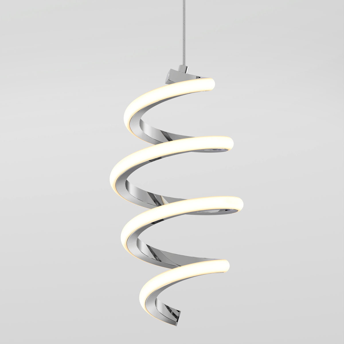 The Artika Chorus 1-light LED pendant features a spiral design and polished chrome finish, with integrated LEDs, suspended from the ceiling against a plain light gray background.