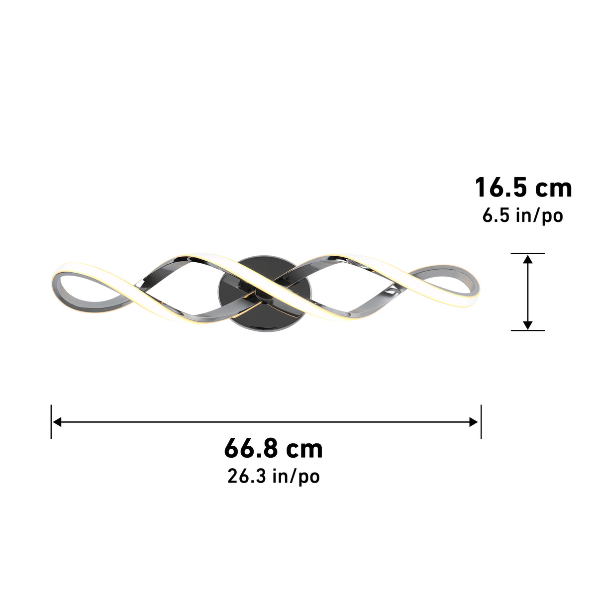 The Artika Swirl modern LED bathroom vanity light features two intertwined LED bars on a round black base with integrated LEDs. Size: 66.8 cm (26.3 in) wide x 16.5 cm (6.5 in) tall.