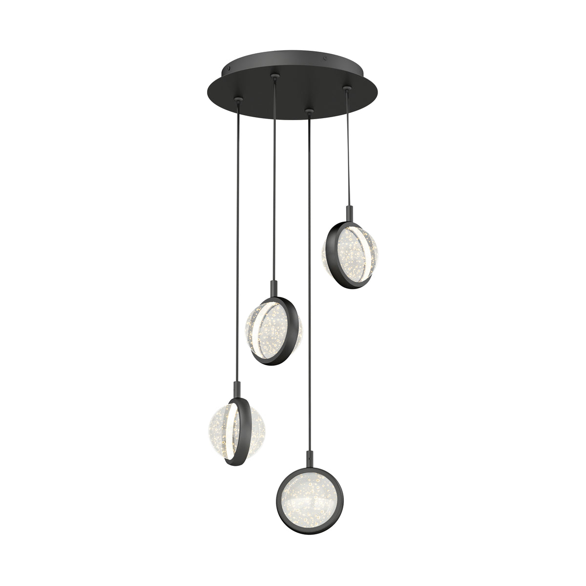 The Artika Avalon 4-light LED pendant features four circular rings with textured inner surfaces, suspended at varying lengths from a round black ceiling mount for a stylish modern look.