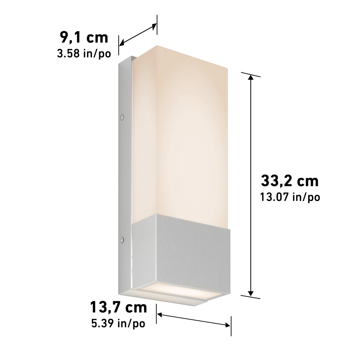 The Artika Dixon indoor-outdoor LED wall light features a frosted shade and metallic base, measuring 33.2 cm (H) x 13.7 cm (W) x 9.1 cm (D).