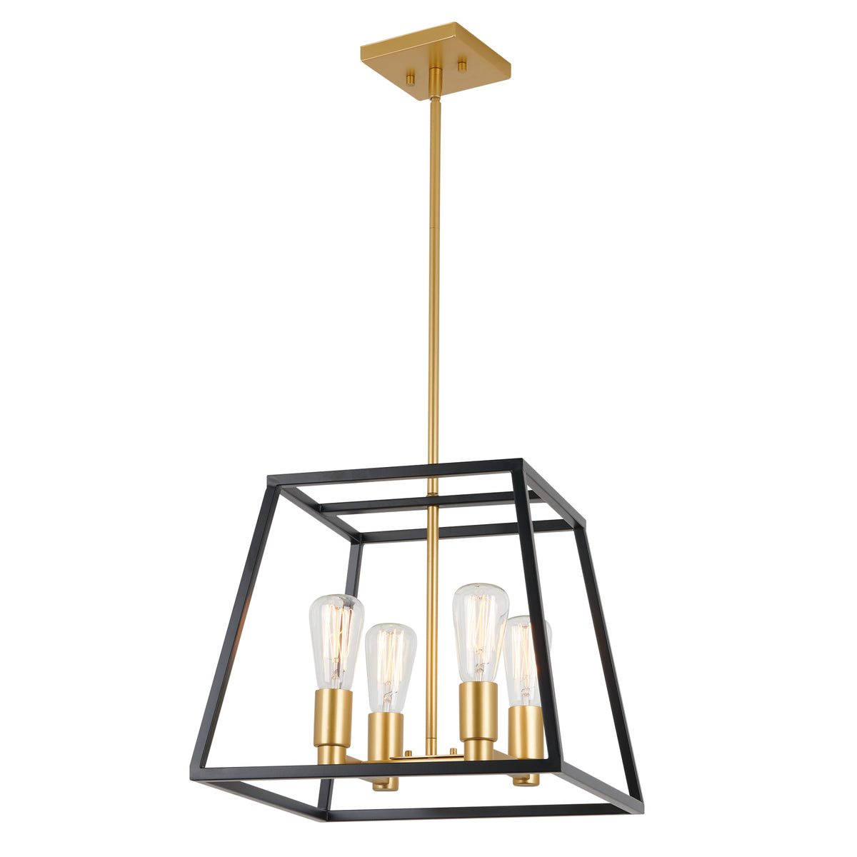 The Artika Carter Square 4-light LED chandelier features a gold metal rod and canopy, four exposed bulbs, and a geometric black open-frame square trapezoid shade for modern industrial style.