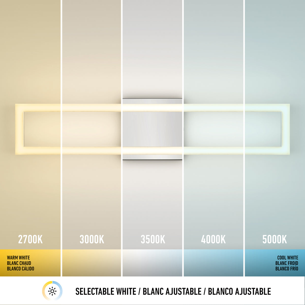 The Artika Dover modern LED bathroom vanity light 5 CCT features a rectangular design with five panels for color temperatures: 2700K (warm), 3000K, 3500K, 4000K, and 5000K (cool), plus multilingual labels and a selectable white icon below.