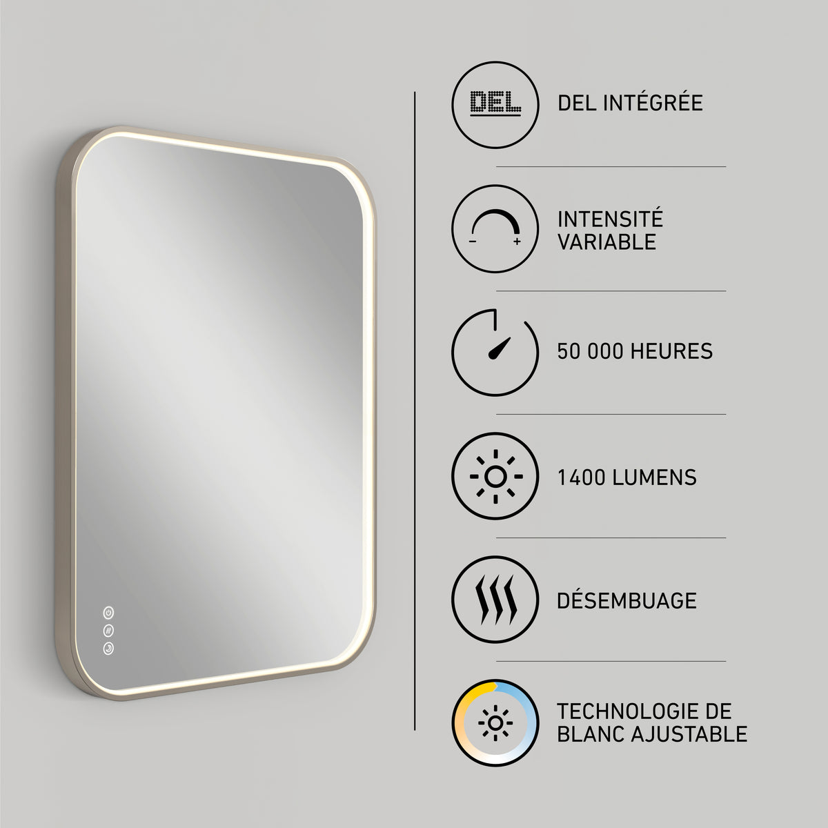 The Artika Royce Dimmable LED Mirror features 3 CCT color settings, adjustable brightness, touch controls, a built-in defogger, 1400 lumens, up to 50,000-hour LED lifespan, and can be mounted horizontally or vertically.