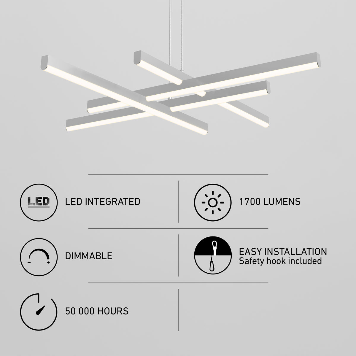 The Artika Grid modern LED pendant light 5 CCT features a geometric design with four bars, integrated LEDs (1700 lumens), dimmable function, 50,000-hour lifespan, and easy installation with a safety hook included.