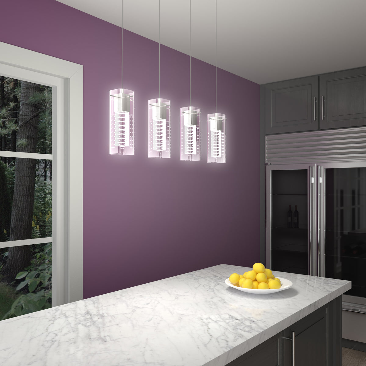 Modern kitchen with a marble island, plate of lemons, purple walls, sleek gray cabinets, stainless steel fridge, and four Artika Hologram 4-light LED pendants above the counter near a window with a view of trees.