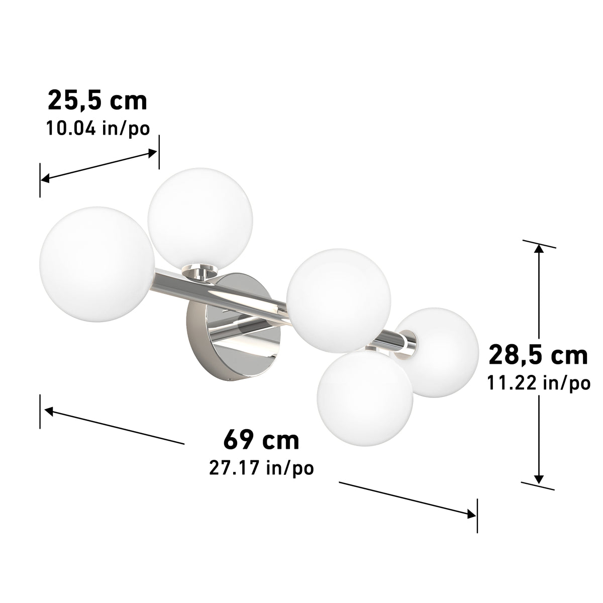 The Artika Bloom 27-in (69 cm) 3-Light Modern LED Vanity Light is a stylish bathroom fixture with a chrome base, ideal for contemporary spaces. Dimensions: 25.5 cm H x 69 cm W x 28.5 cm D.
