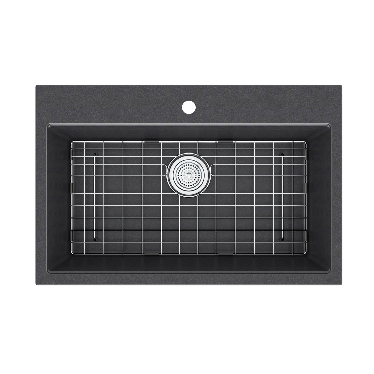 Top view of Artika Baycrest 31 in. modern black granite composite sink with grid, and single back-center faucet hole.