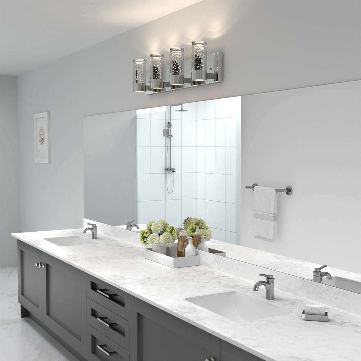 Modern bathroom with marble double sink, gray cabinets, chrome-framed mirror, and Artika Essence 27-in LED vanity light above.