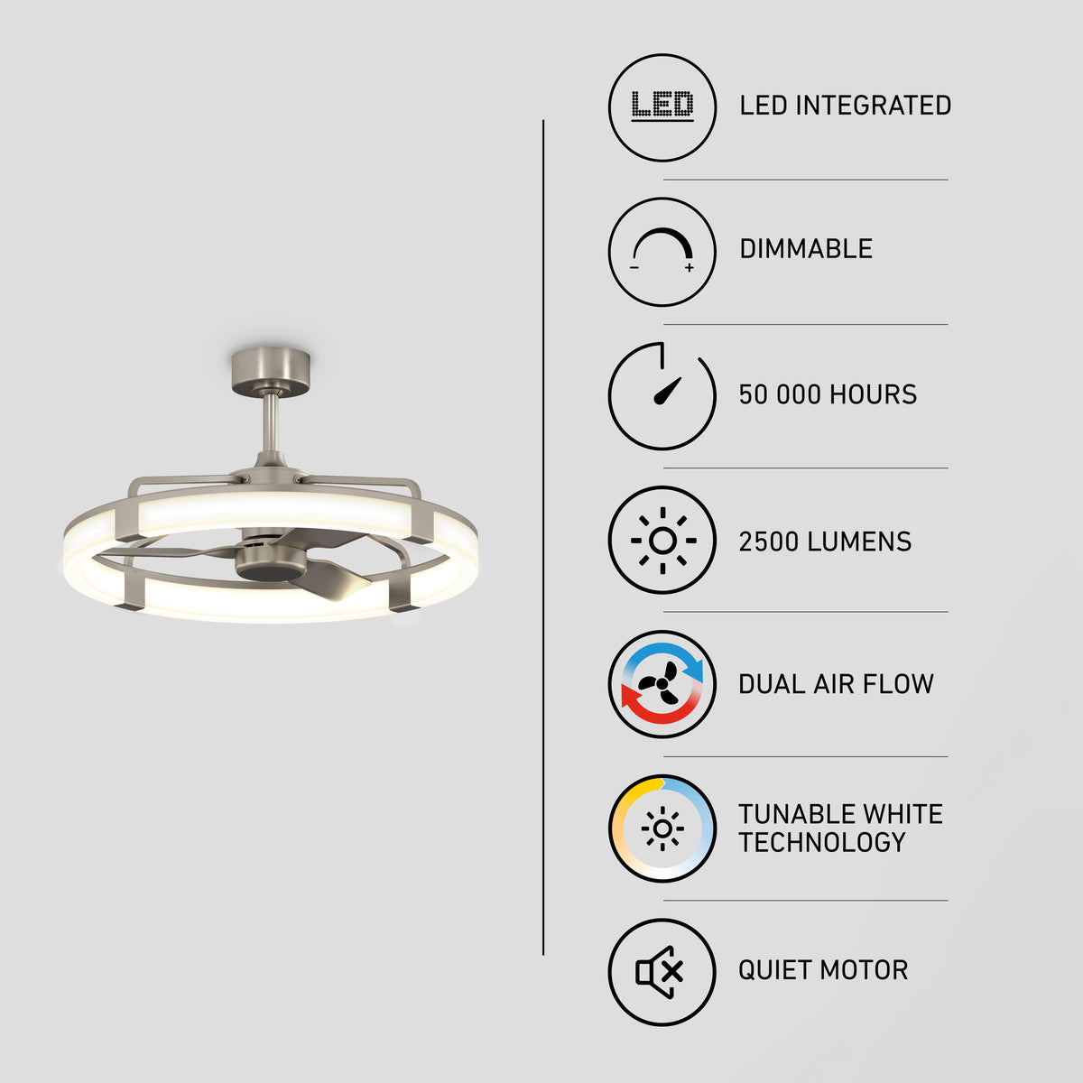 Artika Sunnyvale 28 in. LED ceiling fan, remote, dimmable 2500 lm, dual airflow, tunable white, modern quiet motor.