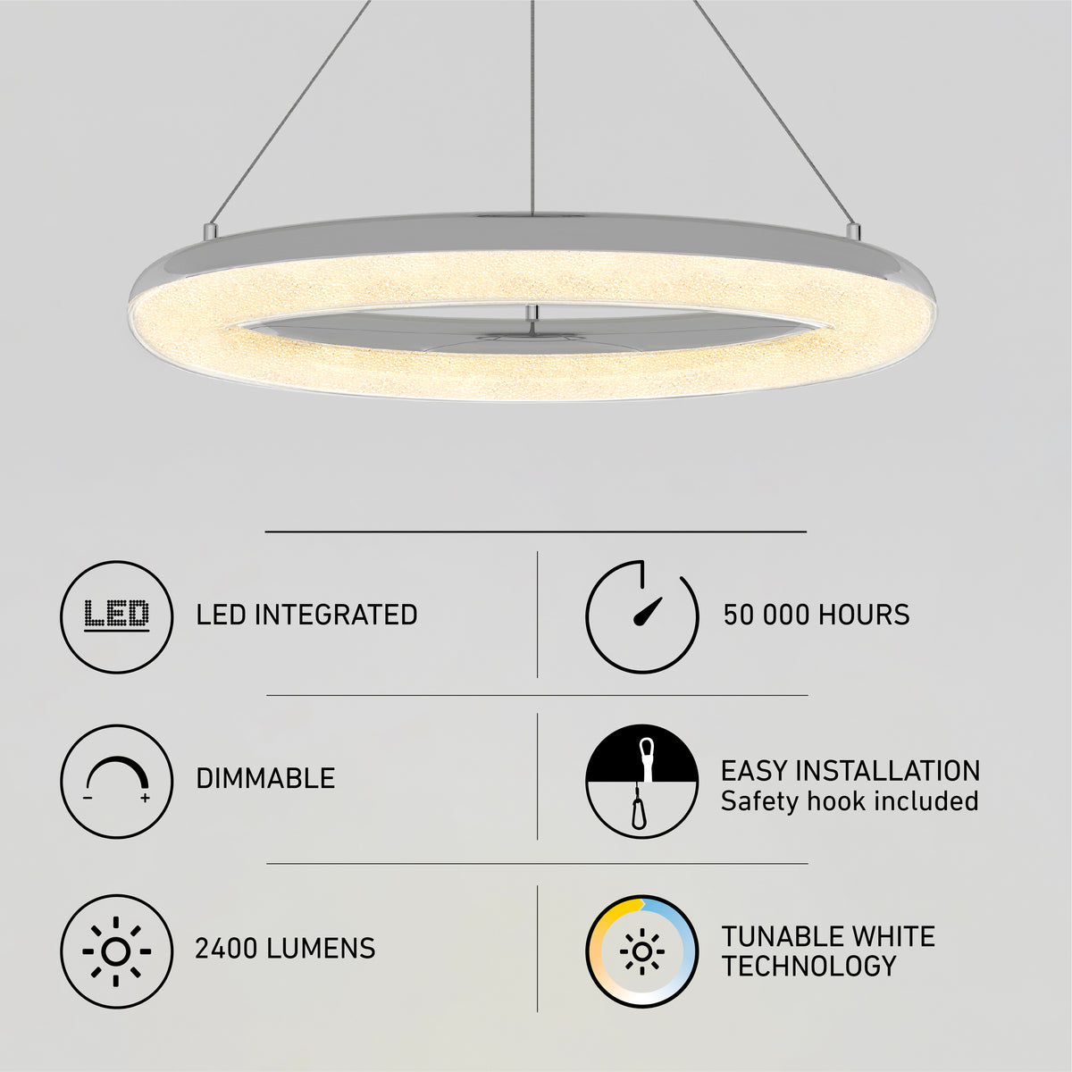 The Artika Famous Optical LED pendant light 5 CCT features an integrated LED, dimmable 2400 lumens, tunable white technology, 50,000-hour lifespan, and easy installation with a safety hook.