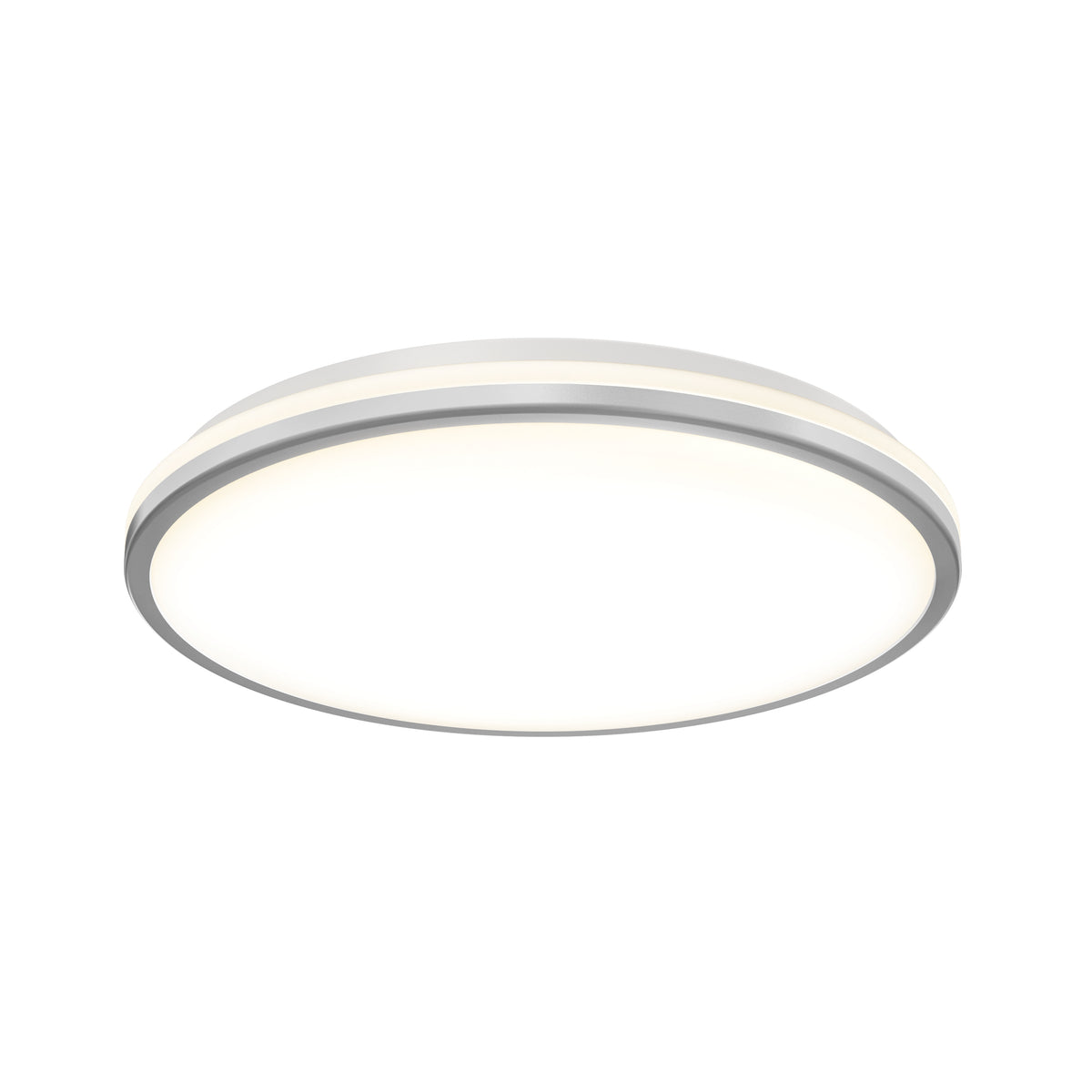 The Artika Macy 15 in. LED flush mount light features a white diffuser, silver trim, RGB WiFi, and Alexa compatibility.