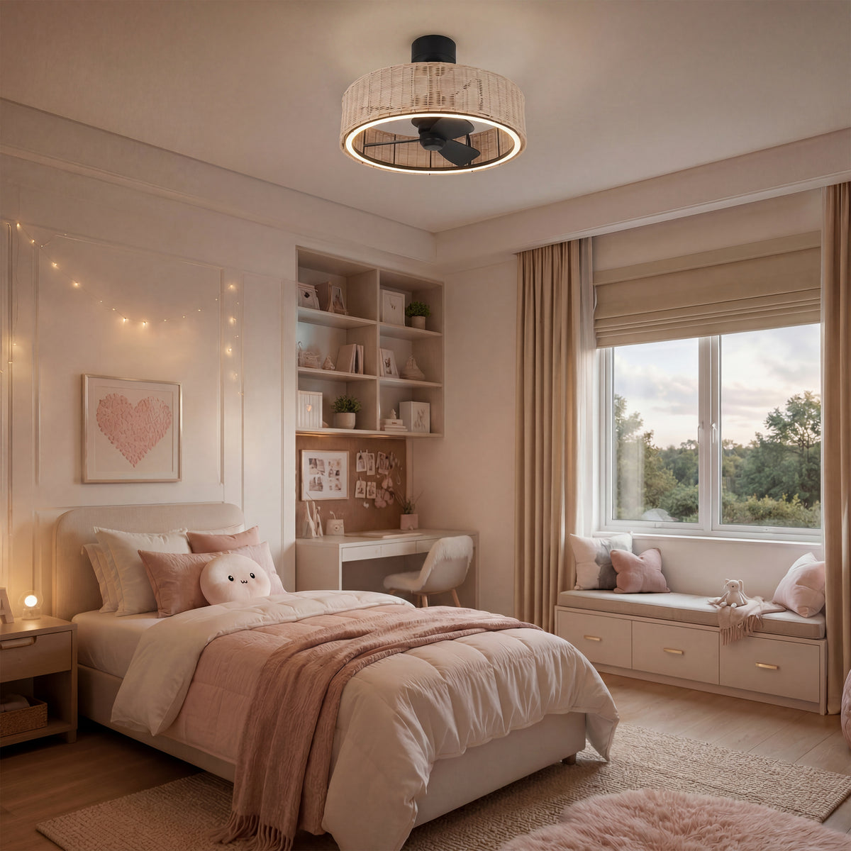 A cozy pink bedroom with bed, desk, window seat, shelves, and Artika’s Kalani 24″ LED fandelier ceiling fan with remote for comfort.