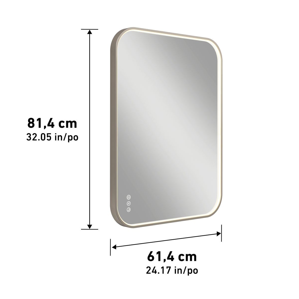 The Artika Royce Dimmable LED Mirror, 3 CCT, measures 81.4 cm by 61.4 cm and features easy-to-use touch controls in the lower left corner for adjustable brightness. It can be mounted horizontally or vertically to suit your space.