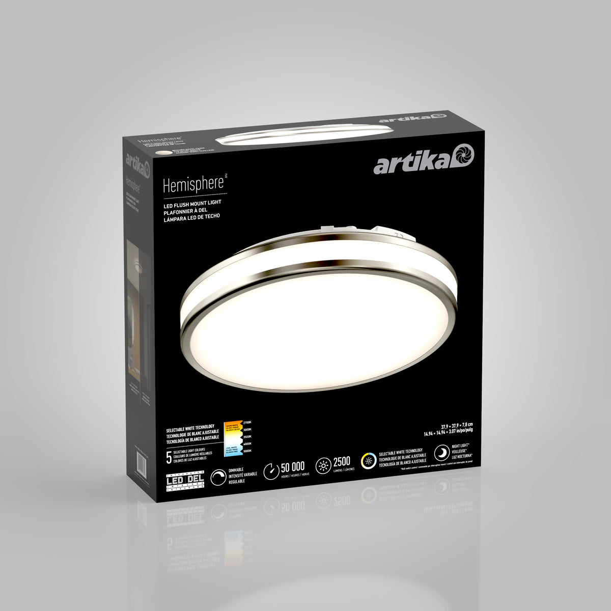 A black box displays the Artika Hemisphere 15 in. LED flush mount light 5 CCT, a bathroom fixture offering 25W power, 2500 lumens, adjustable brightness, dimmable function, 50,000-hour lifespan, and a 5-year warranty.