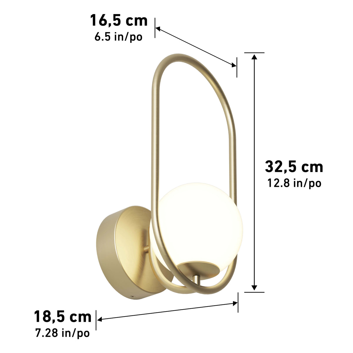 The Bloom LED Sconce 3 CCT by Artika features a gold finish, round base, and oval frame around a frosted globe bulb. Dimensions: 16.5 cm (W) x 18.5 cm (D) x 32.5 cm (H), with inch equivalents provided.
