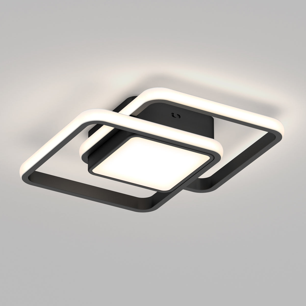 The Romeson 11 in. LED modern flush mount light by Artika features two overlapping black and white geometric frames with a glowing center panel, creating a stylish look on any white ceiling.