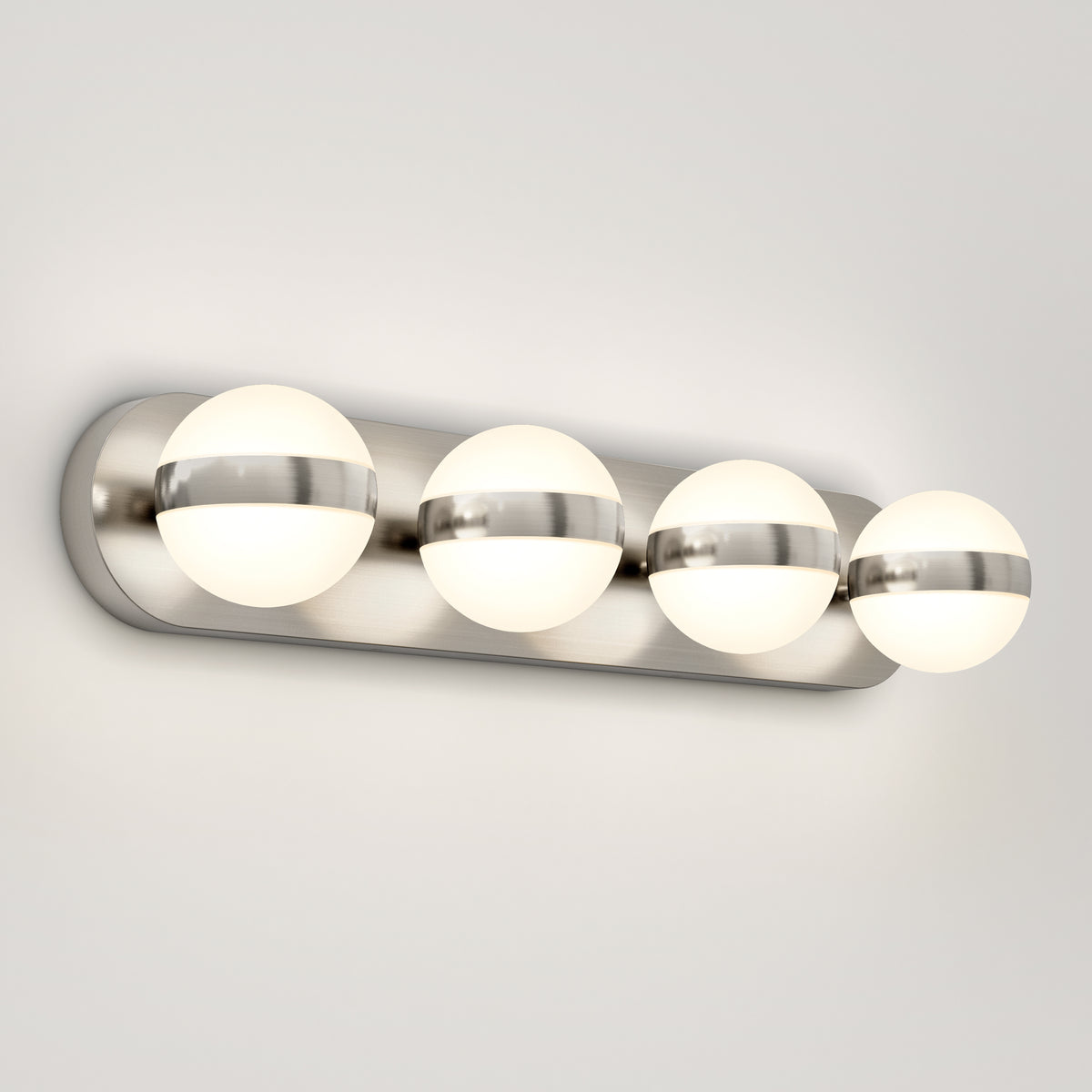 The Artika Baldric LED modern bathroom vanity light features 3 CCT, brushed accents, and four frosted glass bulbs—ideal for mirrors.