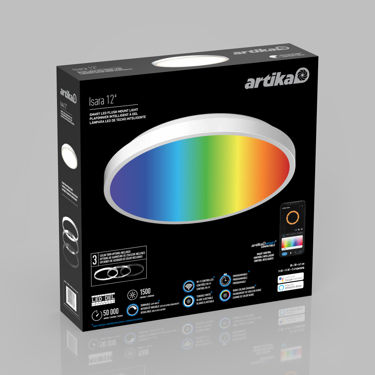 Black box for Artika Isara 12 in. RGBIC LED Flush Mount with rainbow ceiling light and phone app control shown.
