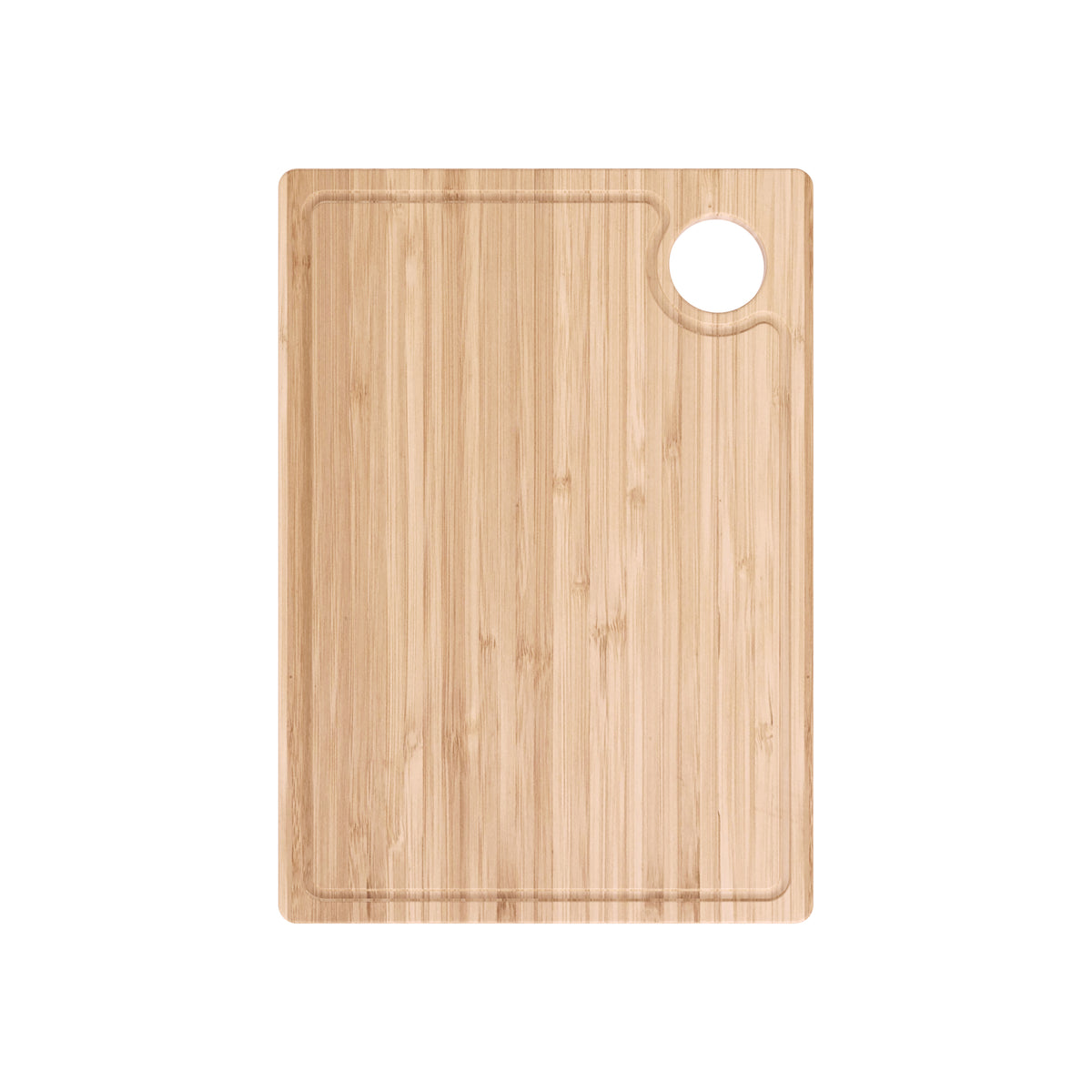 A rectangular wooden cutting board with a rounded corner and circular hole is ideal for prepping meals by the Artika Neoflow 31 in. single bowl stainless steel workstation sink, shown on a white background.