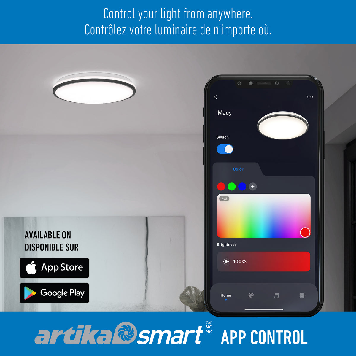 A smartphone controls the Artika Macy 15" LED RGB WiFi ceiling light via app; color & brightness shown. App Store & Google Play logos displayed.