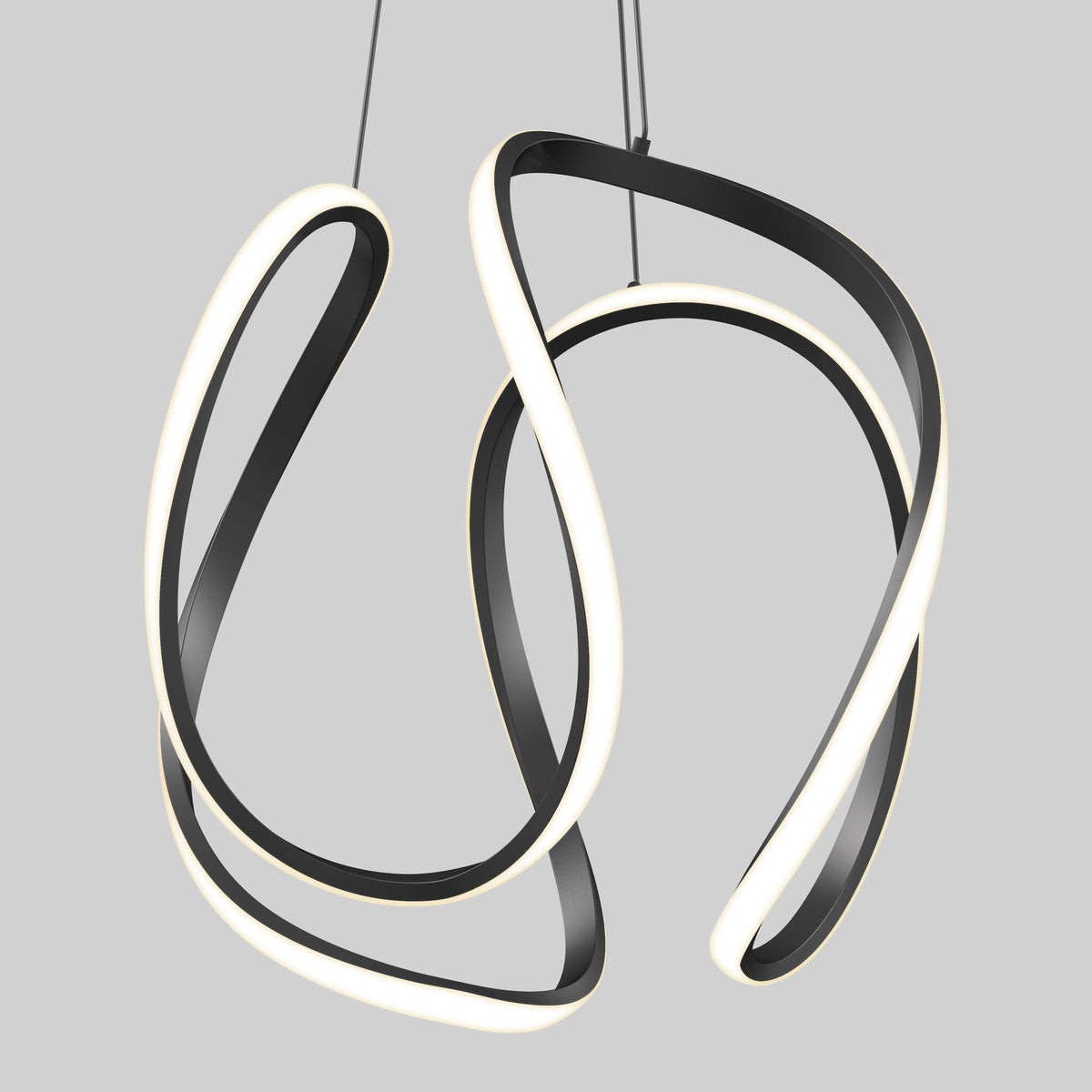 The Artika Vivaldi Big LED pendant light 5 CCT features black curved bands with glowing white LEDs, suspended by thin wires against a light grey background for a modern, abstract look.