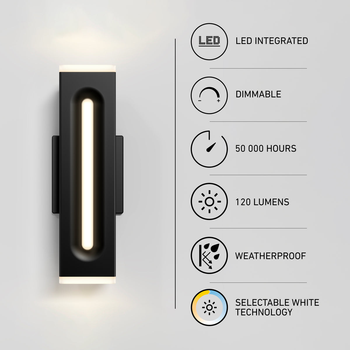 The Artika Linea Square LED indoor-outdoor wall light features a modern black design with a vertical LED strip. It offers selectable white (3 CCT), is dimmable, weatherproof, integrated LED, 50,000 hours lifespan, and 120 lumens output.