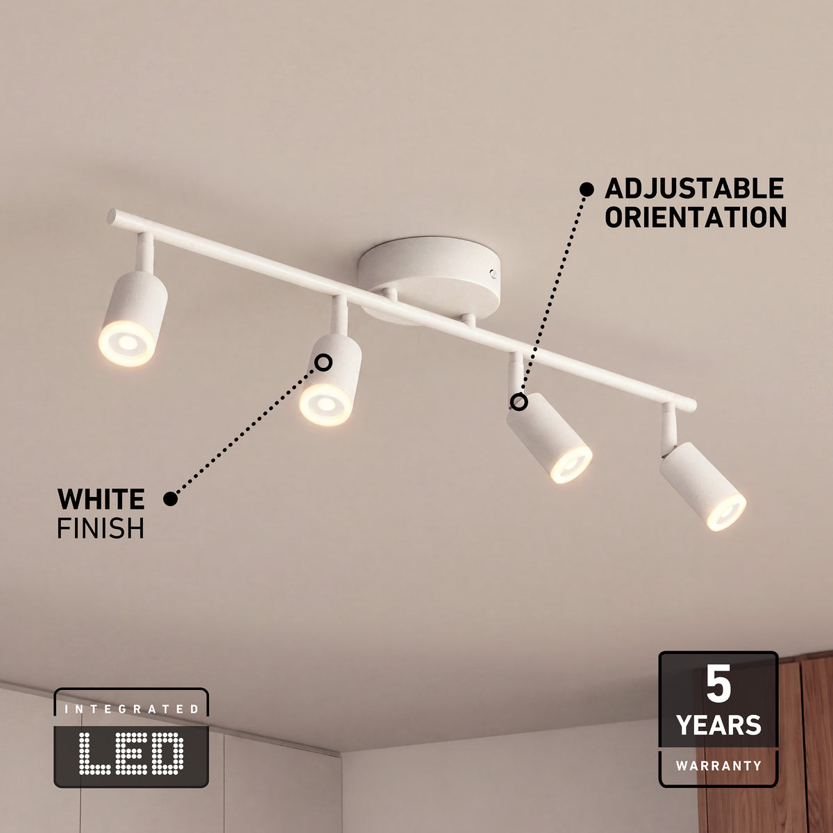 Artika Asher 32″ 4-Light LED Track Light (3CCT), labeled features, four adjustable heads, and a 5-year warranty badge shown.