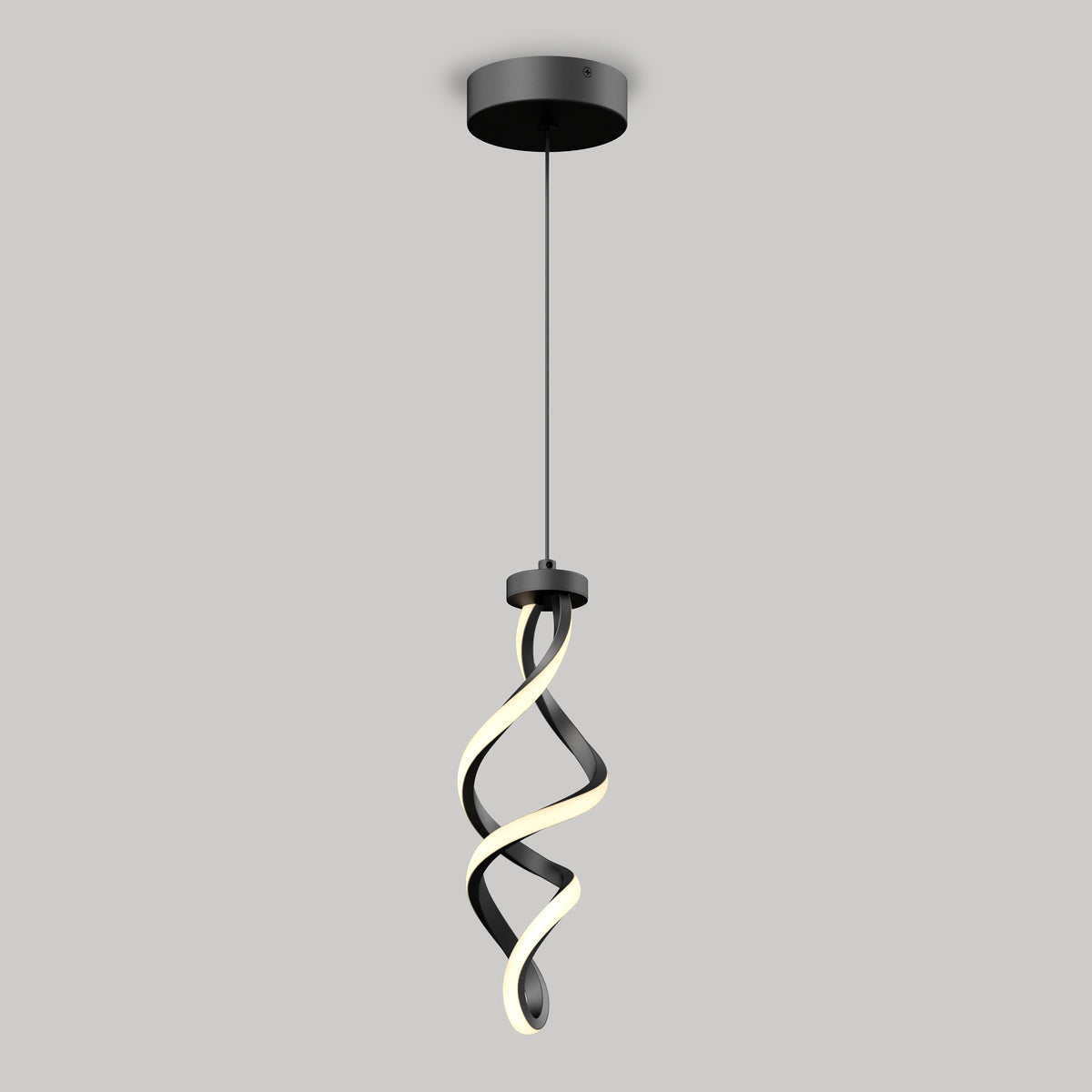 The Artika Mini Swirl LED pendant light features a twisted black-and-white design and hangs from a round black ceiling mount, set against a plain gray background.