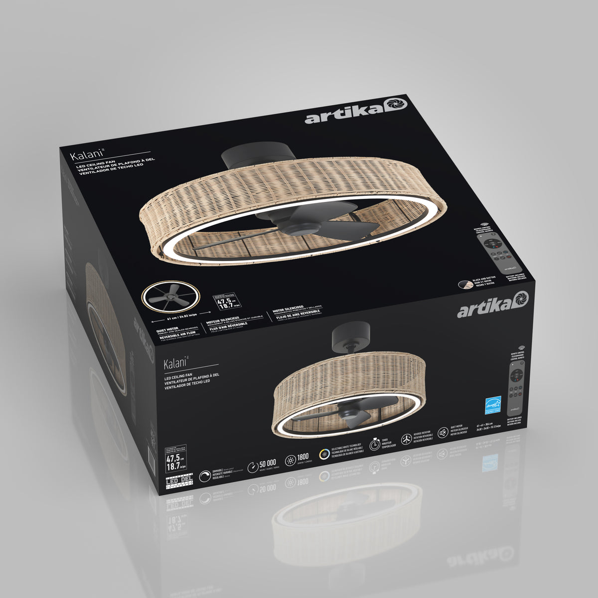 A black box showcasing the Artika Kalani 24 in. LED modern ceiling fan with 3 speeds, remote control, and a natural wicker-style light fixture. The fan image is prominently displayed alongside product details in white text.