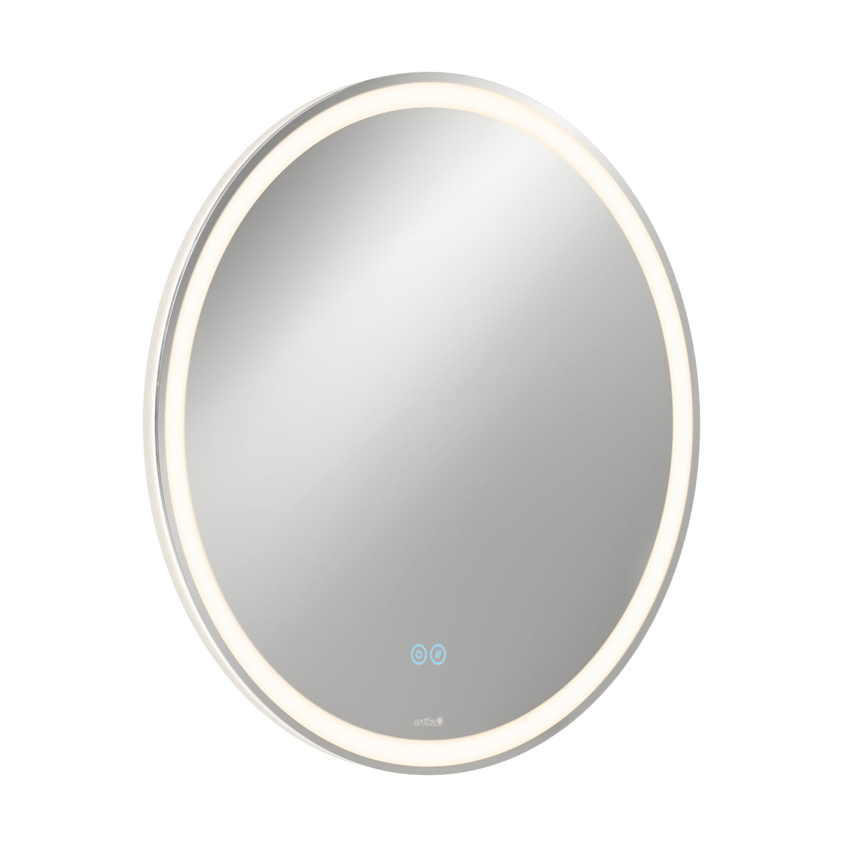 The Artika Ayla 28 in. LED mirror features a built-in LED ring, two blue touch buttons at the bottom center, adjustable 3 CCT lighting, and a defogger.