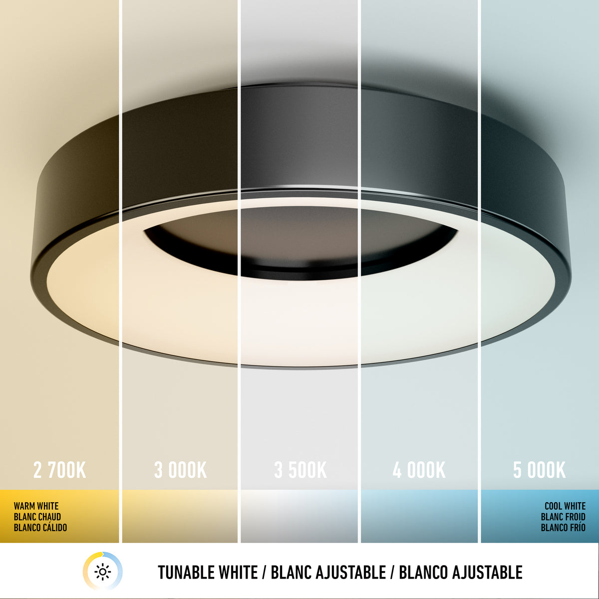 The Aiden LED flush mount by Artika is shown split into five vertical sections, each displaying a different white color temperature from warm (2700K) to cool (5000K), labeled with values and descriptions in English, French, and Spanish.