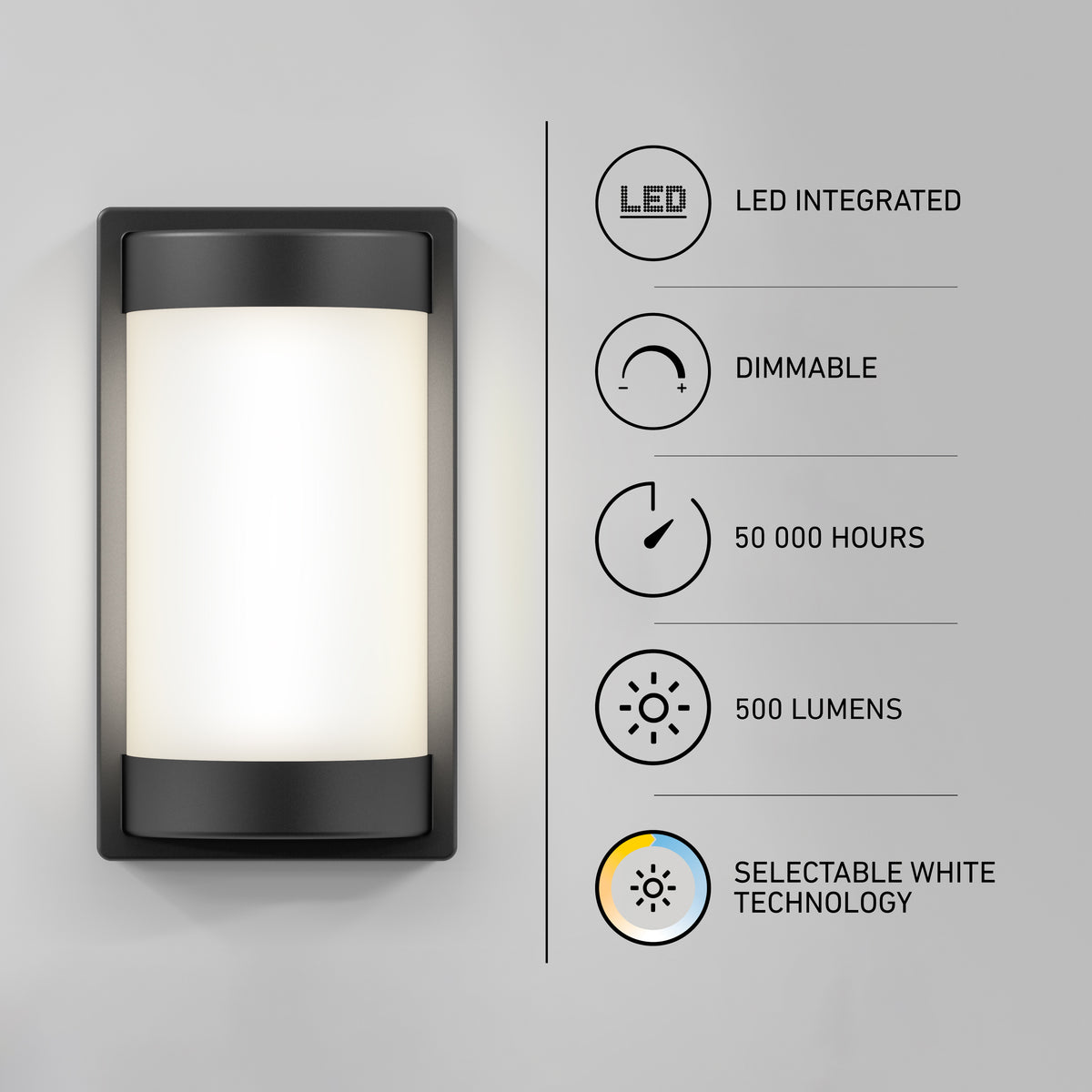 The Artika Fogo modern LED indoor-outdoor wall light 5 CCT is shown beside icons and text highlighting its features: integrated LED, dimmable, 50,000-hour lifespan, 500 lumens, and selectable white technology.