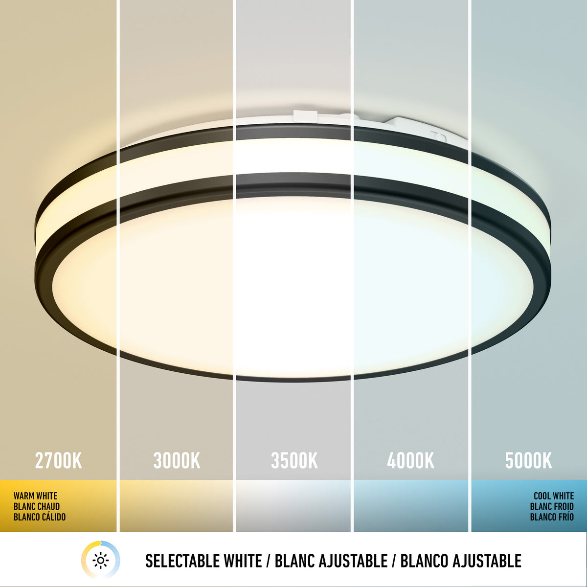 The Artika Hemisphere 15 in. LED flush mount light features adjustable brightness and 5 selectable color temperatures (2700K, 3000K, 3500K, 4000K, and 5000K), making it a versatile choice for bathroom lighting.