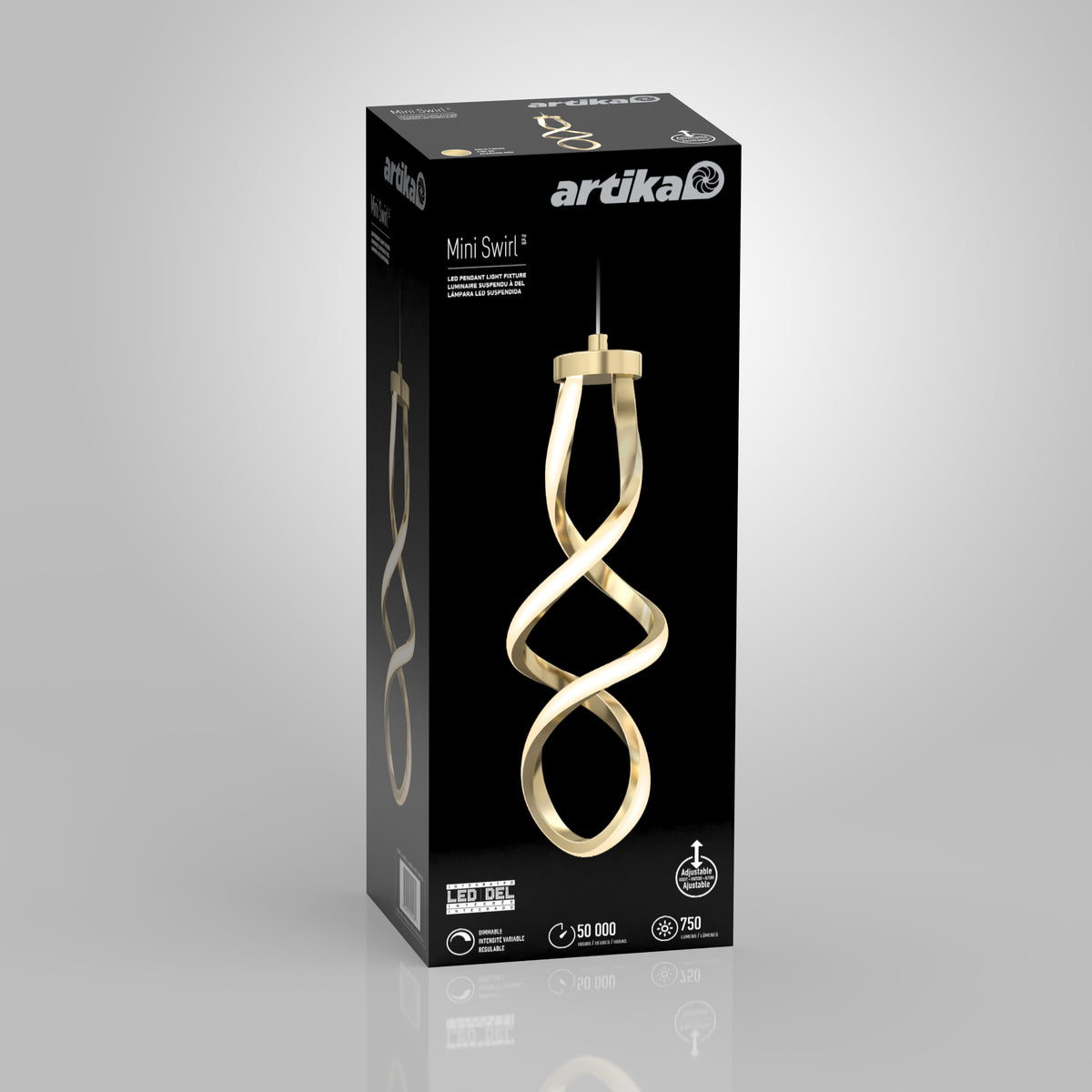 A black Artika box displays a photo of the Mini Swirl LED pendant light in gold, showing its spiral design on the front and side, along with product details and icons.