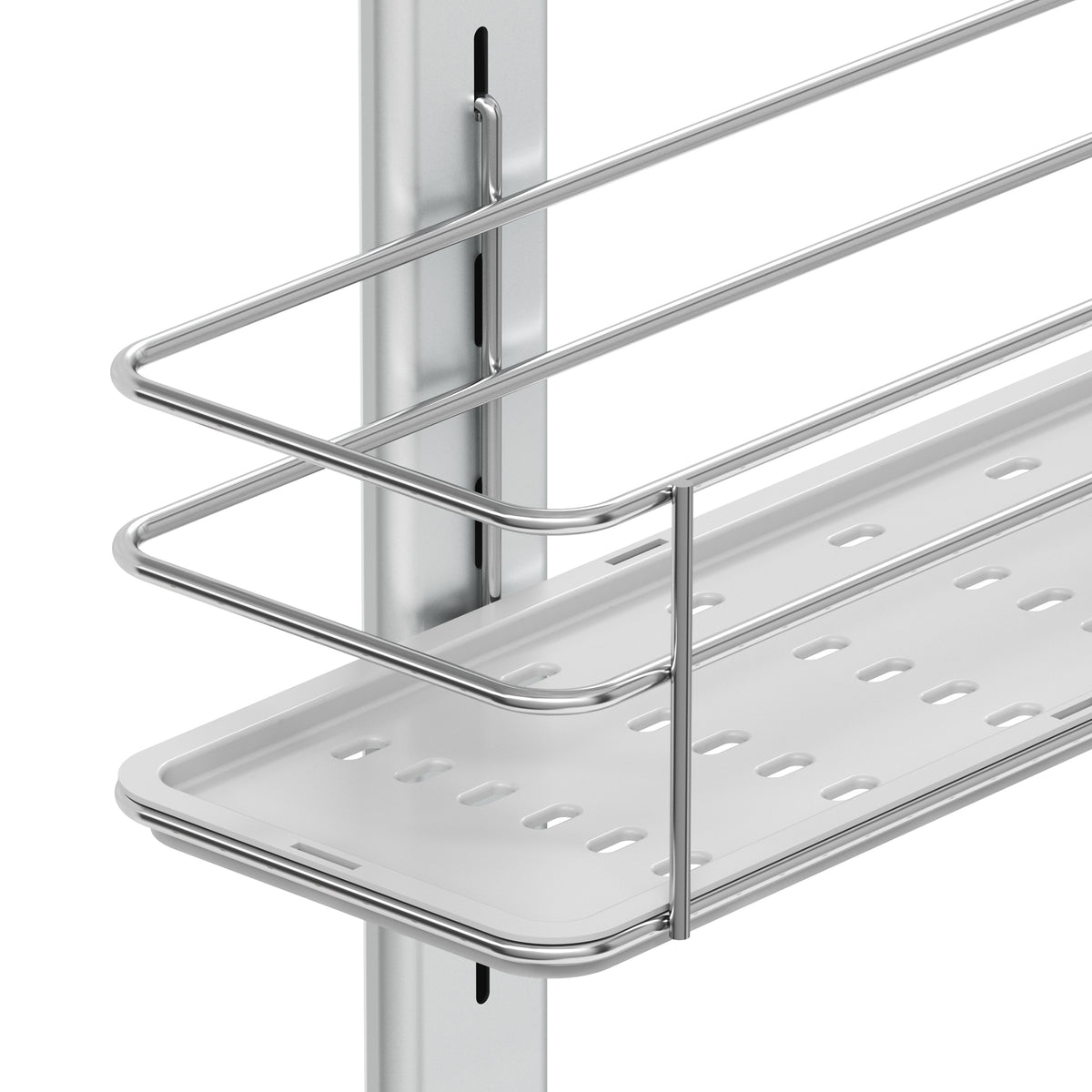 A close-up of the Artika Camden Shower Caddy shows its metal wire shelf with a perforated white tray, mounted on a vertical rail as part of an adjustable storage system.