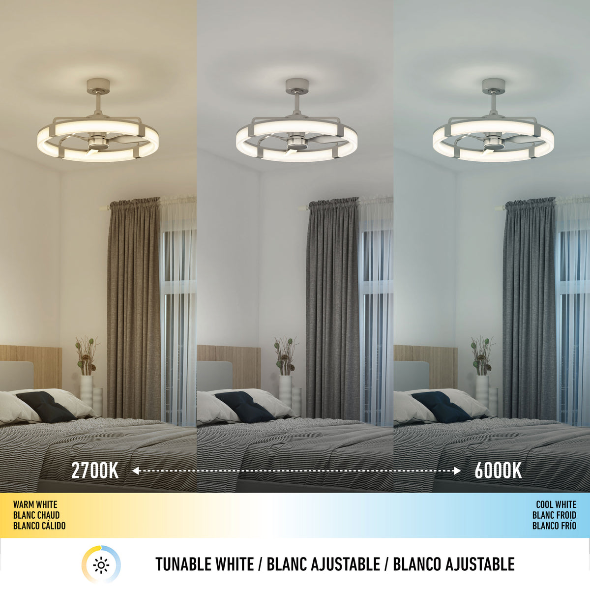 Three images show the Artika Sunnyvale 28 in. LED ceiling fan with tunable white light: 2700K, mixed, and 6000K, all remote-controlled.