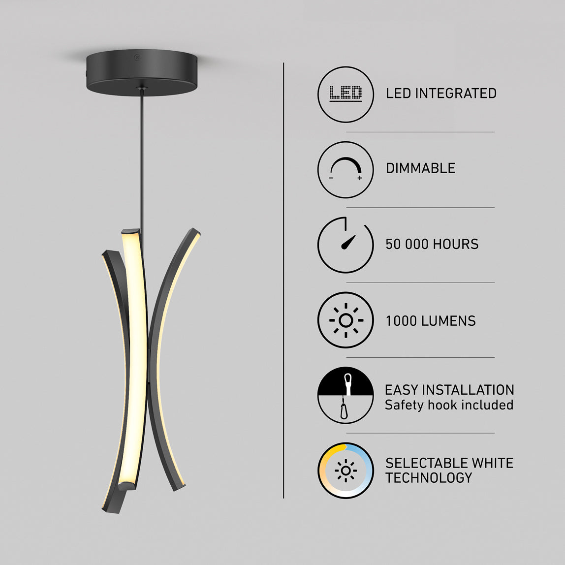 The Artika Corben Pendant LED light 5CCT Black features a modern curved design, integrated dimmable LED, 50,000-hour lifespan, 1000 lumens brightness, selectable white technology, and easy installation.