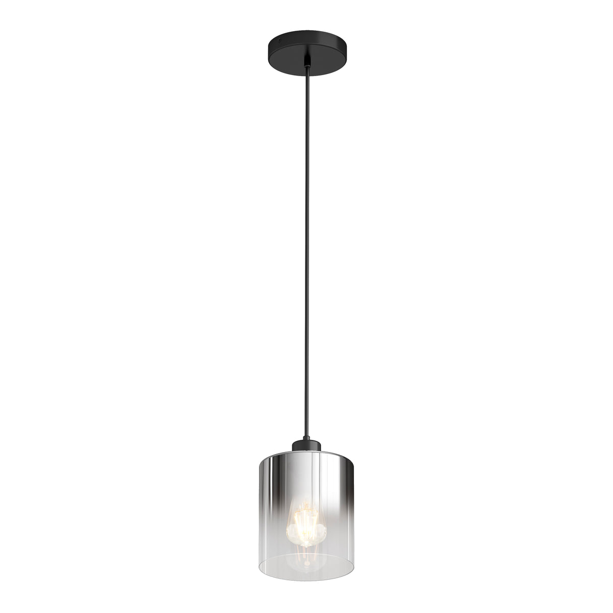 The Artika Haze pendant light glass features a sleek black ceiling mount, a long black cord, and a cylindrical clear glass shade that showcases the glowing bulb inside.