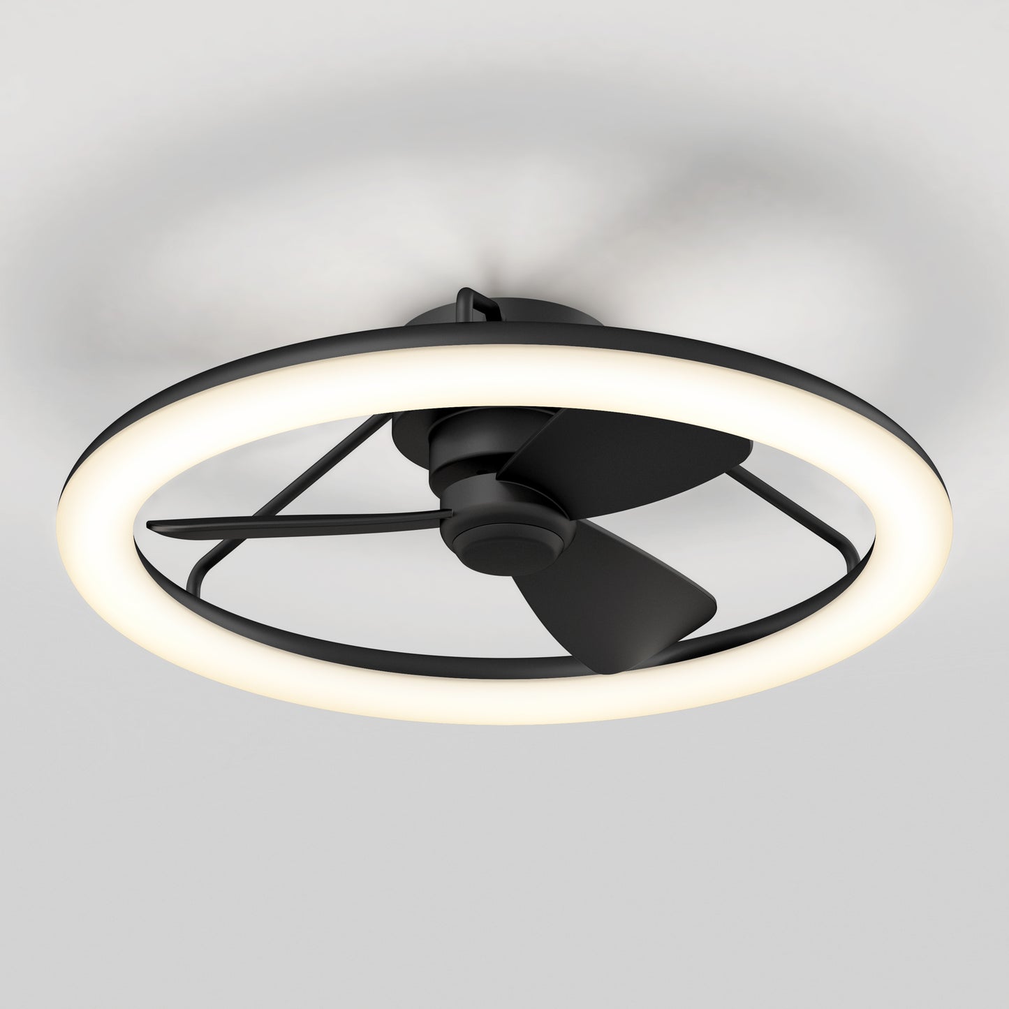 The Artika Darren 23 in. LED modern ceiling fan features three black blades and a circular LED light, all mounted on a white ceiling. With its sleek design and remote control, it creates a stylish, contemporary ambiance.