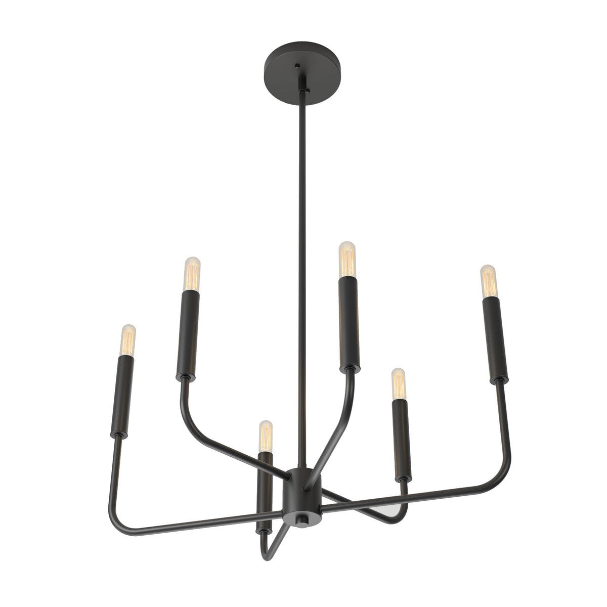 The Artika Manchester 6-light pendant is a modern black chandelier with six exposed bulbs on angled arms, extending from a central rod and ceiling mount, shown against a white background.
