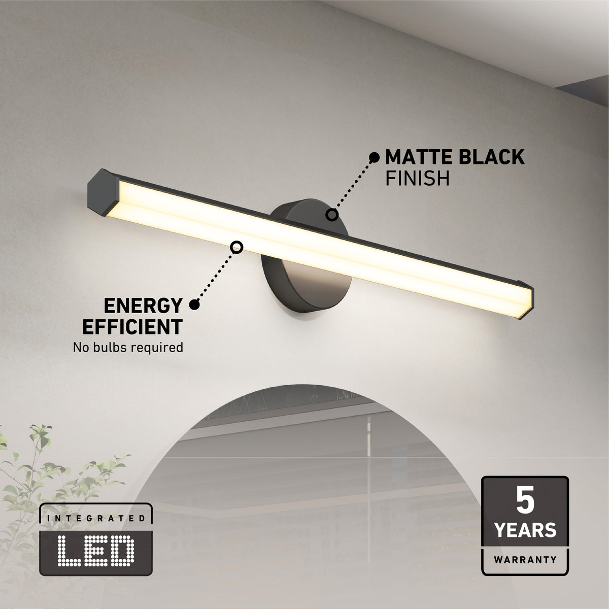 The Artika Ewen modern LED bathroom vanity light 5 CCT offers energy efficiency and a 5-year warranty, perfect for mirror lighting.