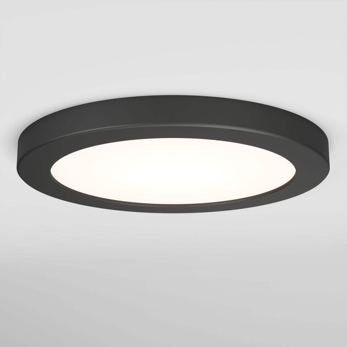 The Artika Europa Disk 7 in. LED modern flush mount light features a sleek, round black design with a flat profile and bright white center, perfect for mounting on a white ceiling, and offers 3 selectable color temperatures (CCT).