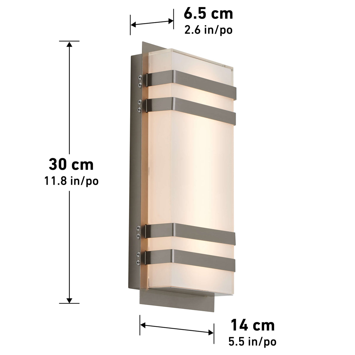 Artika Glowbox 3 indoor-outdoor LED wall light features a wall-mounted rectangular design with frosted glass, horizontal metal bands, and measures 30 cm (11.8) tall, 14 cm (5.5) wide, and 6.5 cm (2.6) deep.