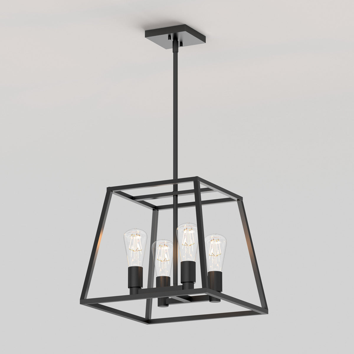 The Artika Carter Square 4-light Chandelier is a modern black metal fixture with a geometric open-frame design and four exposed bulbs, suspended from the ceiling on a straight rod mount.