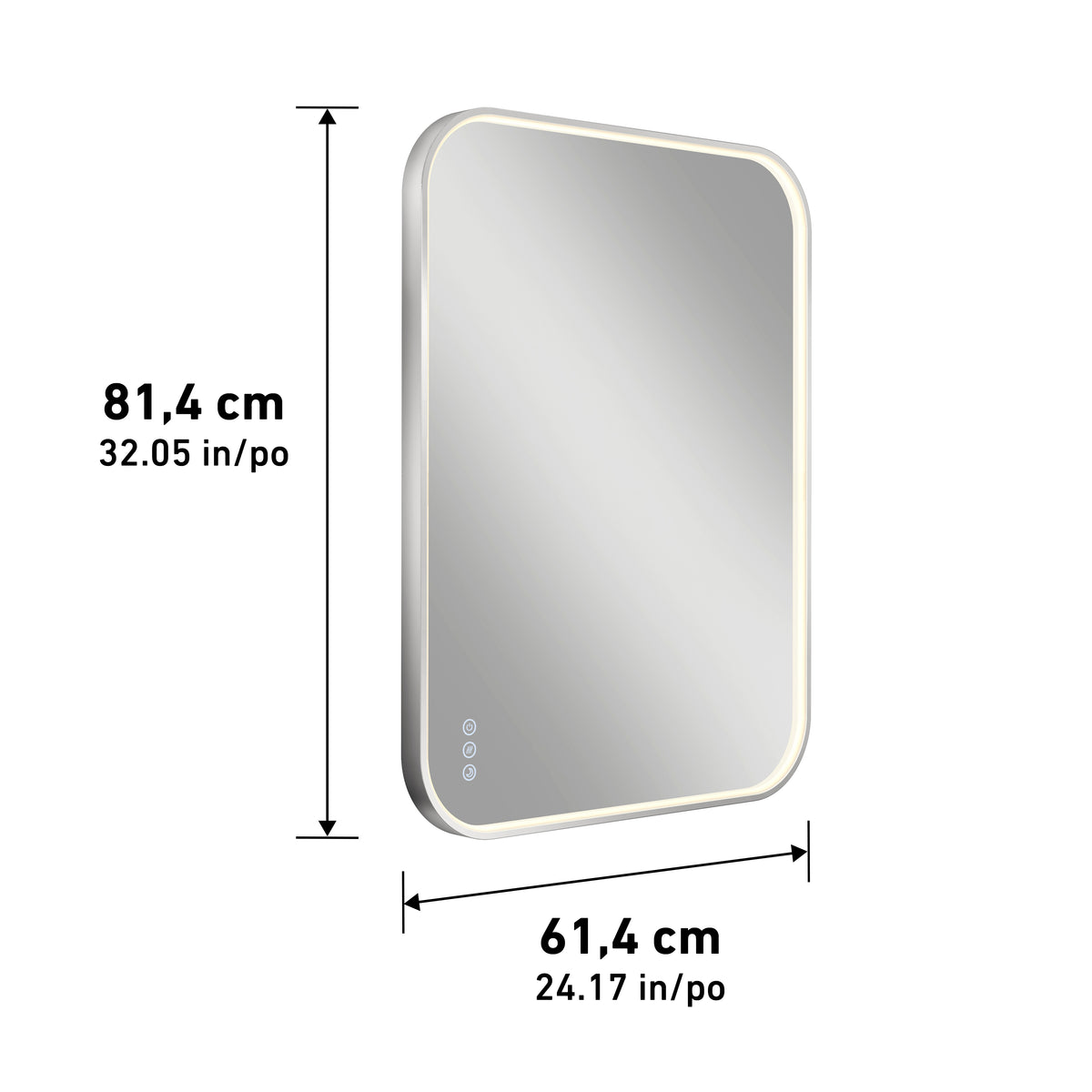 The Artika Royce Dimmable LED Mirror features a rectangular design with rounded edges, illuminated border, touch controls, adjustable 3 CCT lighting, and measures 81.4 cm x 61.4 cm for horizontal or vertical mount.