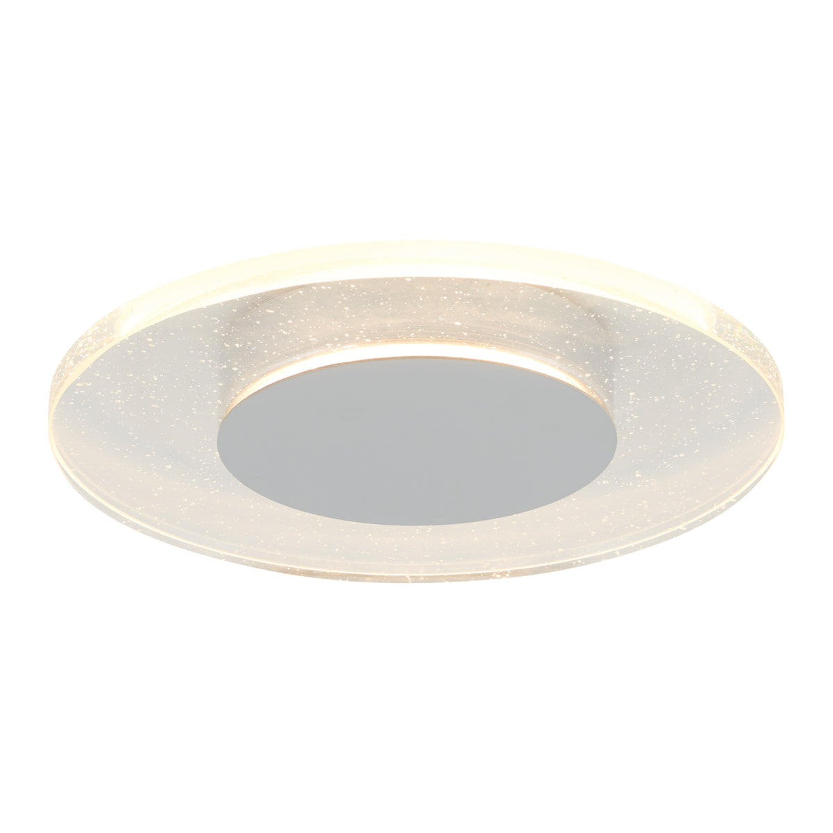 The Artika Essence Disk LED flush mount features a modern round design with a frosted, sparkle-accented outer ring and a smooth reflective center, emitting a soft, even glow.