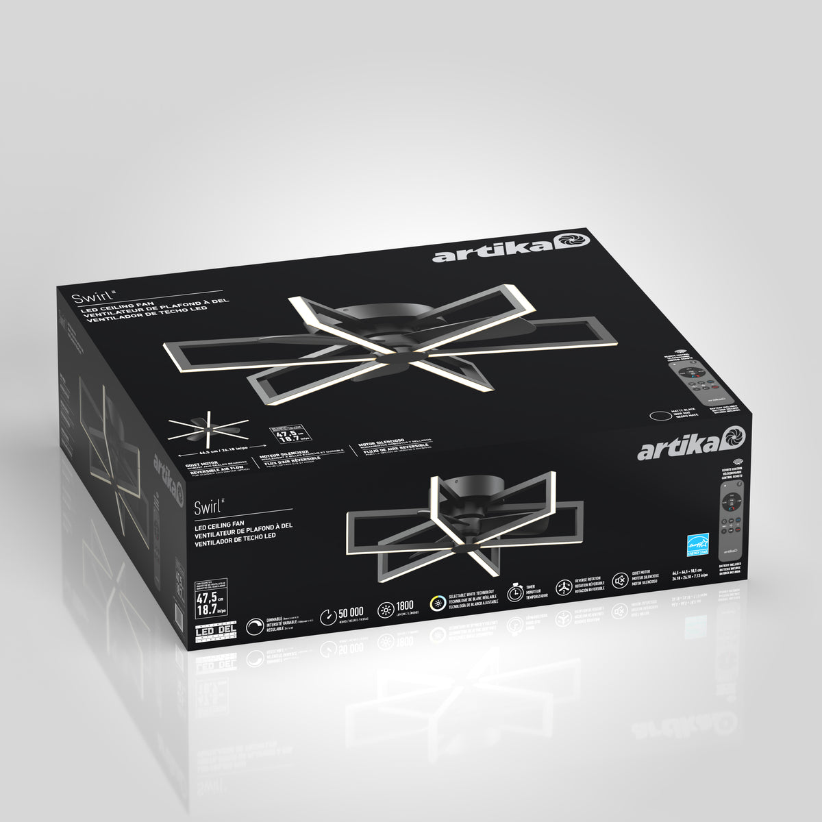A black box for the Artika Swirl 26 in. LED modern ceiling fan is shown, featuring an image of the geometric fan on the front, with product specs and details printed in white text on the packaging.